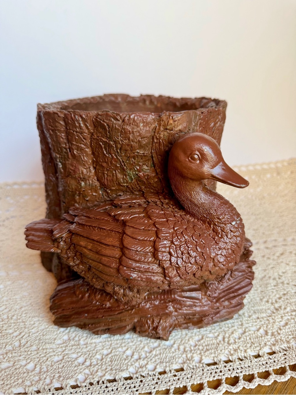 Vintage Rustic Duck Tree Stump Planter Woodland Faux Bois Resin Cachepot Decor